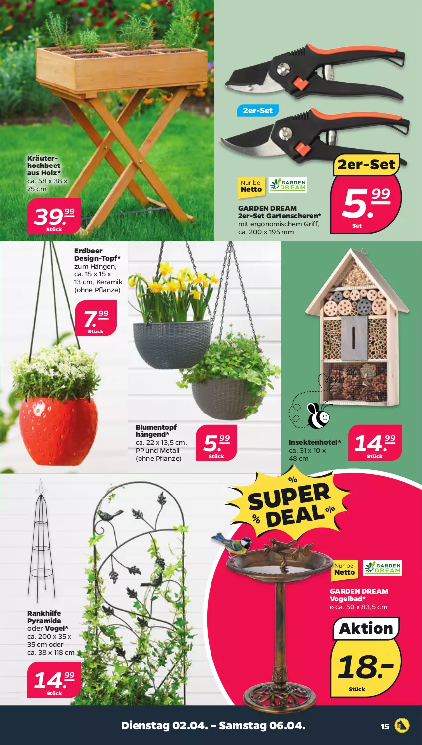 Aktueller Prospekt Netto - Woche 14 - von 01.04 bis 06.04.2024 - strona 15 - produkty: Bad, blume, blumen, Garten, Gartenschere, Holz, kräuter, pflanze, Schere, sekt, Ti, topf