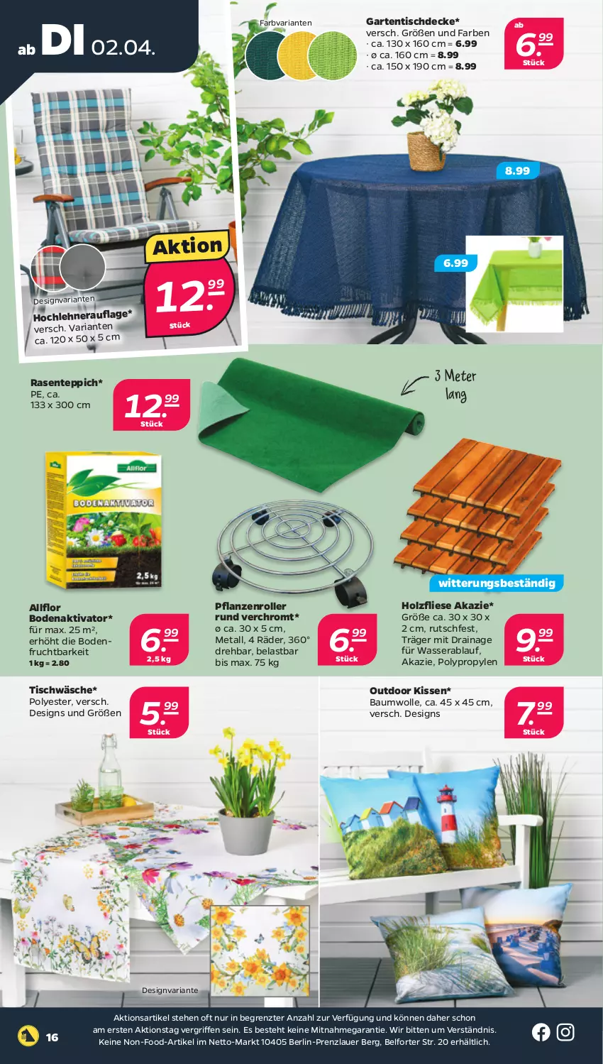 Aktueller Prospekt Netto - Woche 14 - von 01.04 bis 06.04.2024 - strona 16 - produkty: auer, Bau, baumwolle, decke, ente, frucht, Garten, gartentisch, Holz, kissen, pflanze, pflanzen, rasen, Ria, Roller, teppich, Ti, tisch, tischdecke, Tischwäsche, wasser, wolle, ZTE