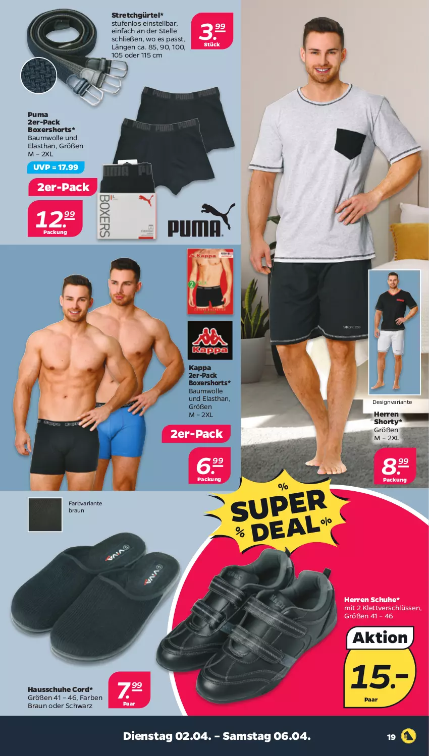 Aktueller Prospekt Netto - Woche 14 - von 01.04 bis 06.04.2024 - strona 19 - produkty: Bau, baumwolle, braun, elle, Hausschuhe, kappa, puma, Ria, schuhe, shorts, shorty, Ti, wolle