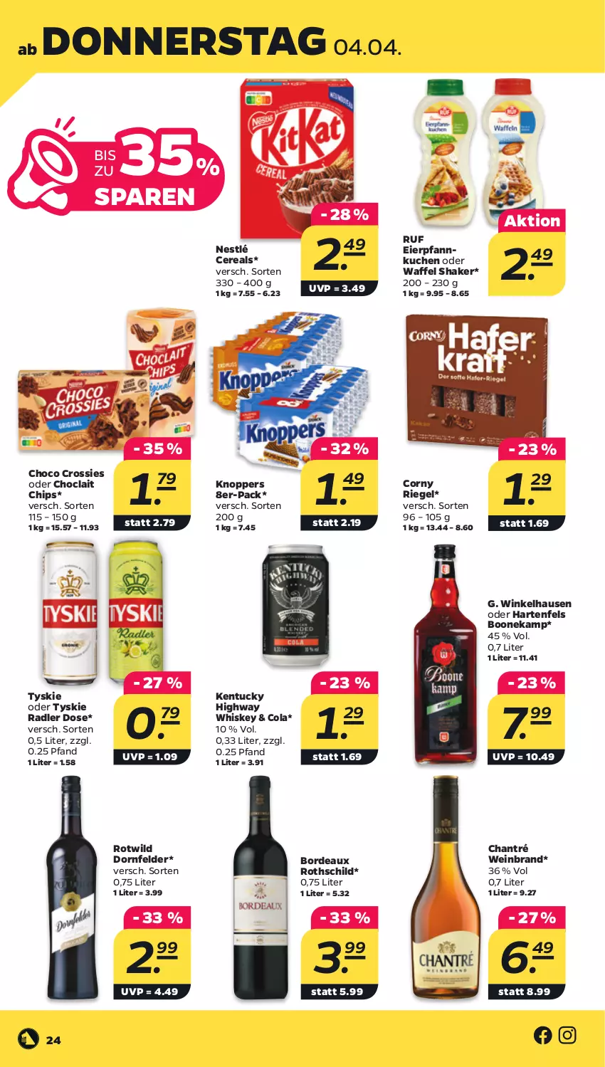 Aktueller Prospekt Netto - Woche 14 - von 01.04 bis 06.04.2024 - strona 24 - produkty: cereals, chantré, chips, choclait chips, choco crossies, cola, corny, crossies, dornfelder, eier, knoppers, kuchen, nestlé, Pfannkuchen, radler, riegel, shake, Ti, tuc, tyskie, wein, weinbrand, whiskey, Wild, winkelhausen