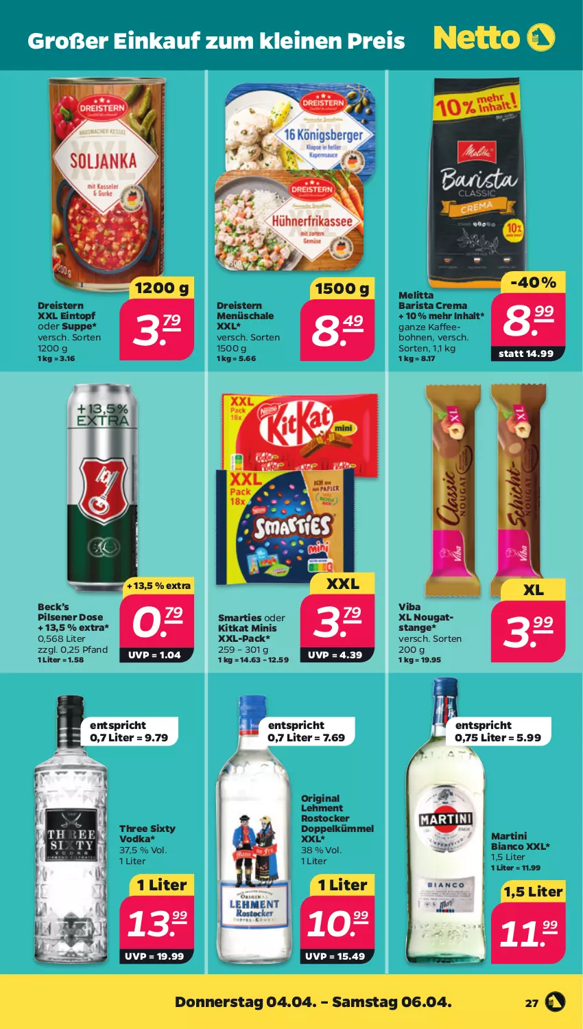 Aktueller Prospekt Netto - Woche 14 - von 01.04 bis 06.04.2024 - strona 27 - produkty: bohne, bohnen, dreistern, eintopf, eis, gin, kaffee, kaffeebohnen, kitkat, leine, martini, melitta, pils, pilsener, reis, Rostocker, Schal, Schale, smarties, suppe, Three Sixty, Ti, topf, vodka