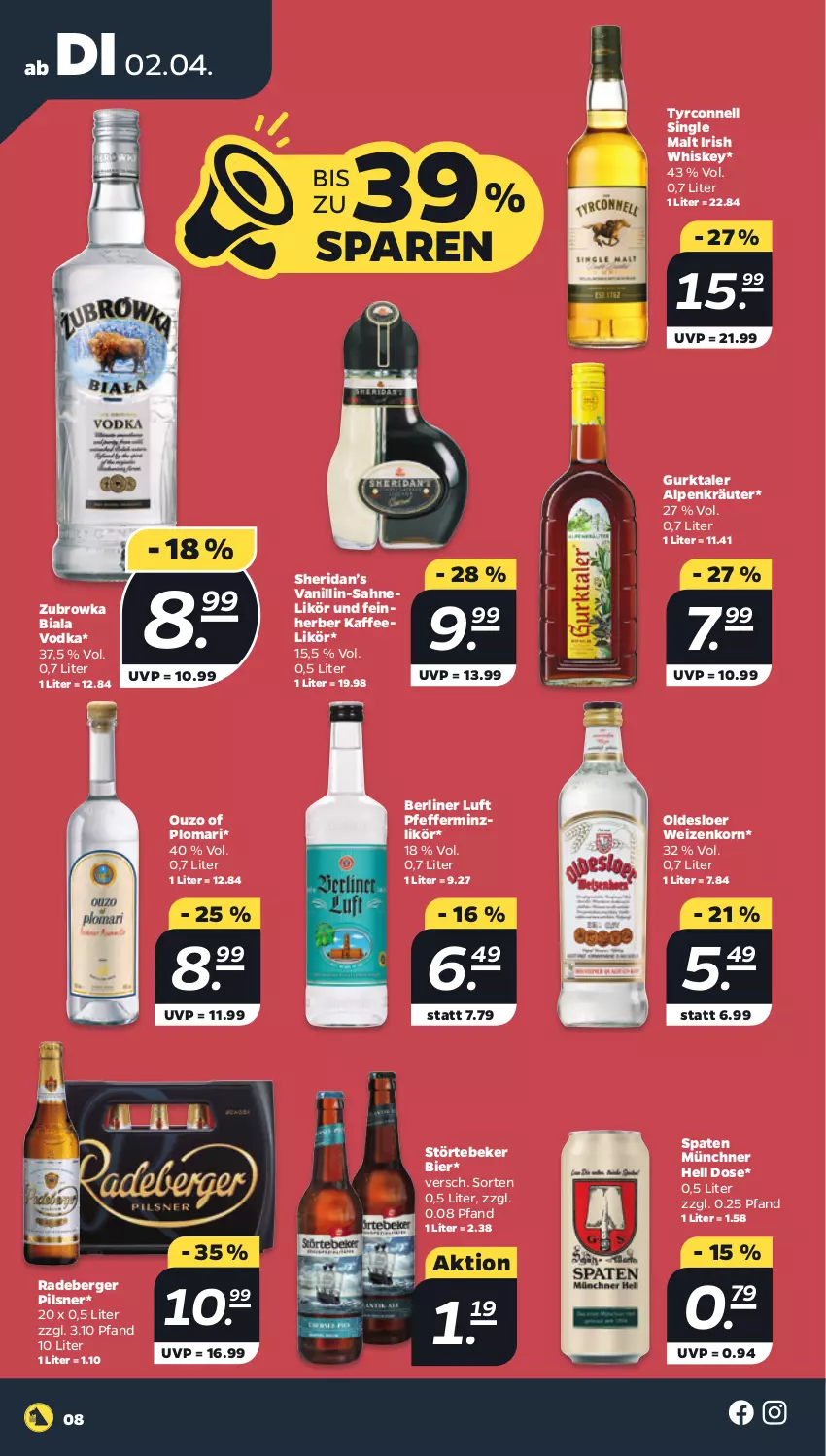 Aktueller Prospekt Netto - Woche 14 - von 01.04 bis 06.04.2024 - strona 8 - produkty: Berger, berliner, berliner luft, bier, Gurktaler, irish whiskey, kaffee, korn, kräuter, likör, oldesloer, ouzo, pfeffer, pfefferminzlikör, pils, pilsner, radeberger, radeberger pilsner, sahne, single malt, Spaten, störtebeker, Ti, vodka, weizenkorn, whiskey