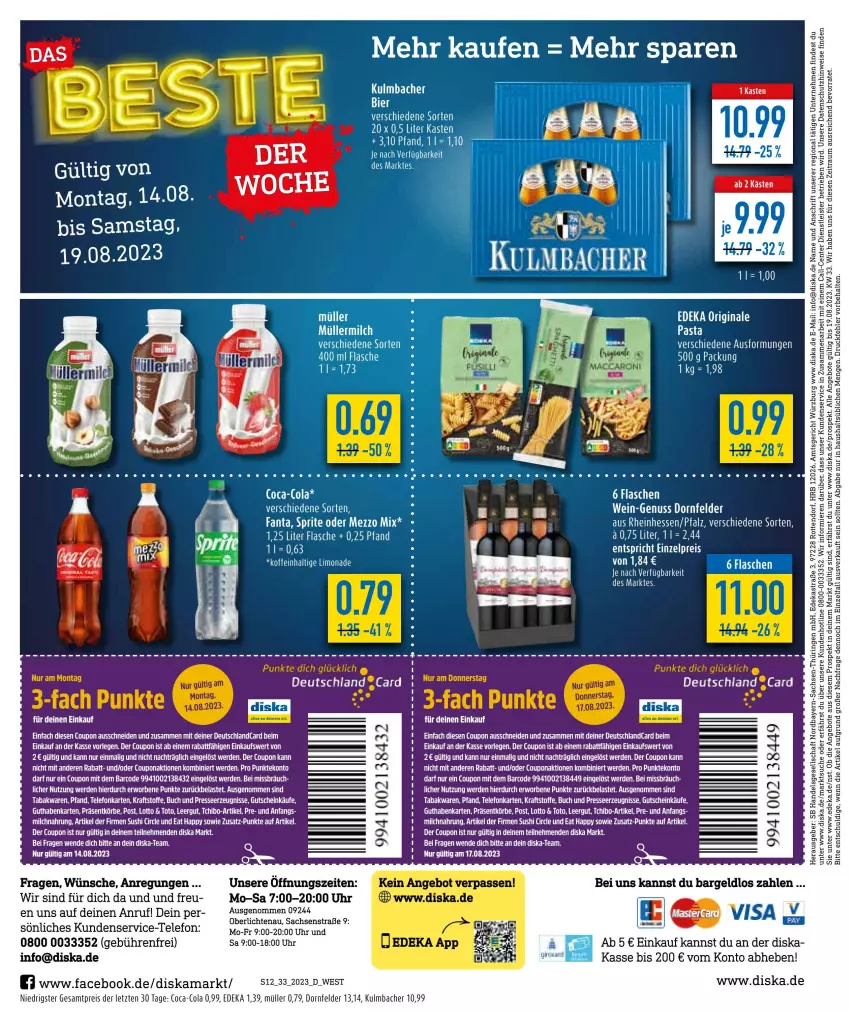 Aktueller Prospekt Diska - Prospekte - von 14.08 bis 19.08.2023 - strona 12 - produkty: angebot, angebote, buch, coca-cola, cola, coupon, deka, deutschland card, dornfelder, eier, eis, ente, erde, fanta, flasche, gin, guthabenkarte, gutschein, kraft, LG, limo, limonade, Mezzo Mix, Müller, nuss, pasta, reis, rind, sprite, Tchibo, tee, telefon, Ti, uhr, wein, ZTE