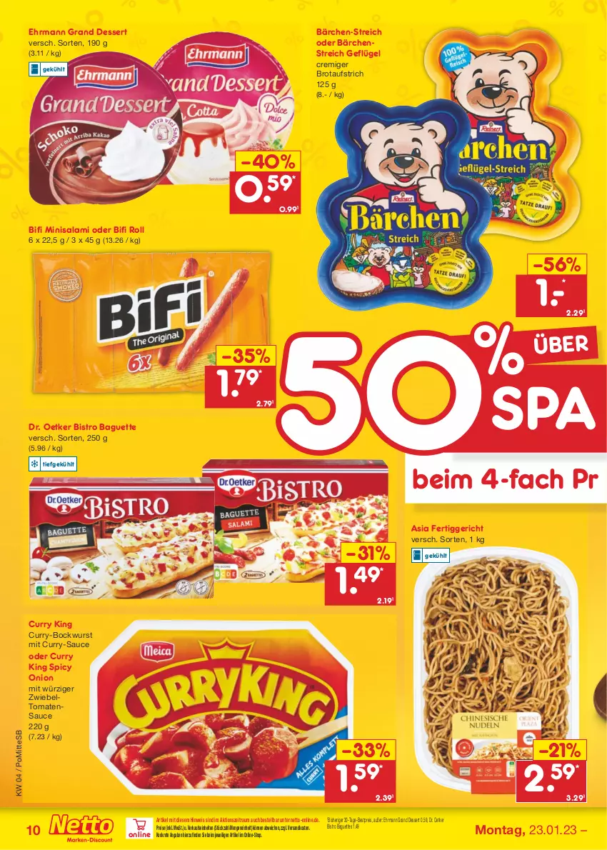 Aktueller Prospekt Netto Marken-Discount - Filial-Angebote - von 23.01 bis 28.01.2023 - strona 10 - produkty: aufstrich, baguette, baguettes, bestpreis, bifi, Bistro Baguette, bockwurst, brot, brotaufstrich, curry, dessert, Dr. Oetker, ehrmann, Ehrmann Grand Dessert, eis, fertiggericht, Geflügel, ndk, reis, salami, sauce, Ti, tomate, tomaten, tomatensauce, wurst, zwiebel