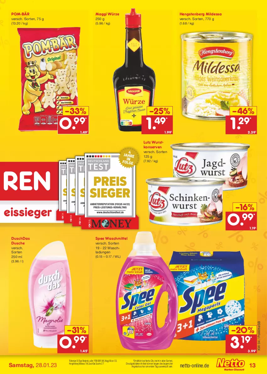 Aktueller Prospekt Netto Marken-Discount - Filial-Angebote - von 23.01 bis 28.01.2023 - strona 13 - produkty: angebot, bestpreis, duschdas, dusche, eis, hengstenberg, Konserven, maggi, maggi würze, pom-bär, reis, spee, Ti, waschmittel, wurst, wurstkonserven, ZTE