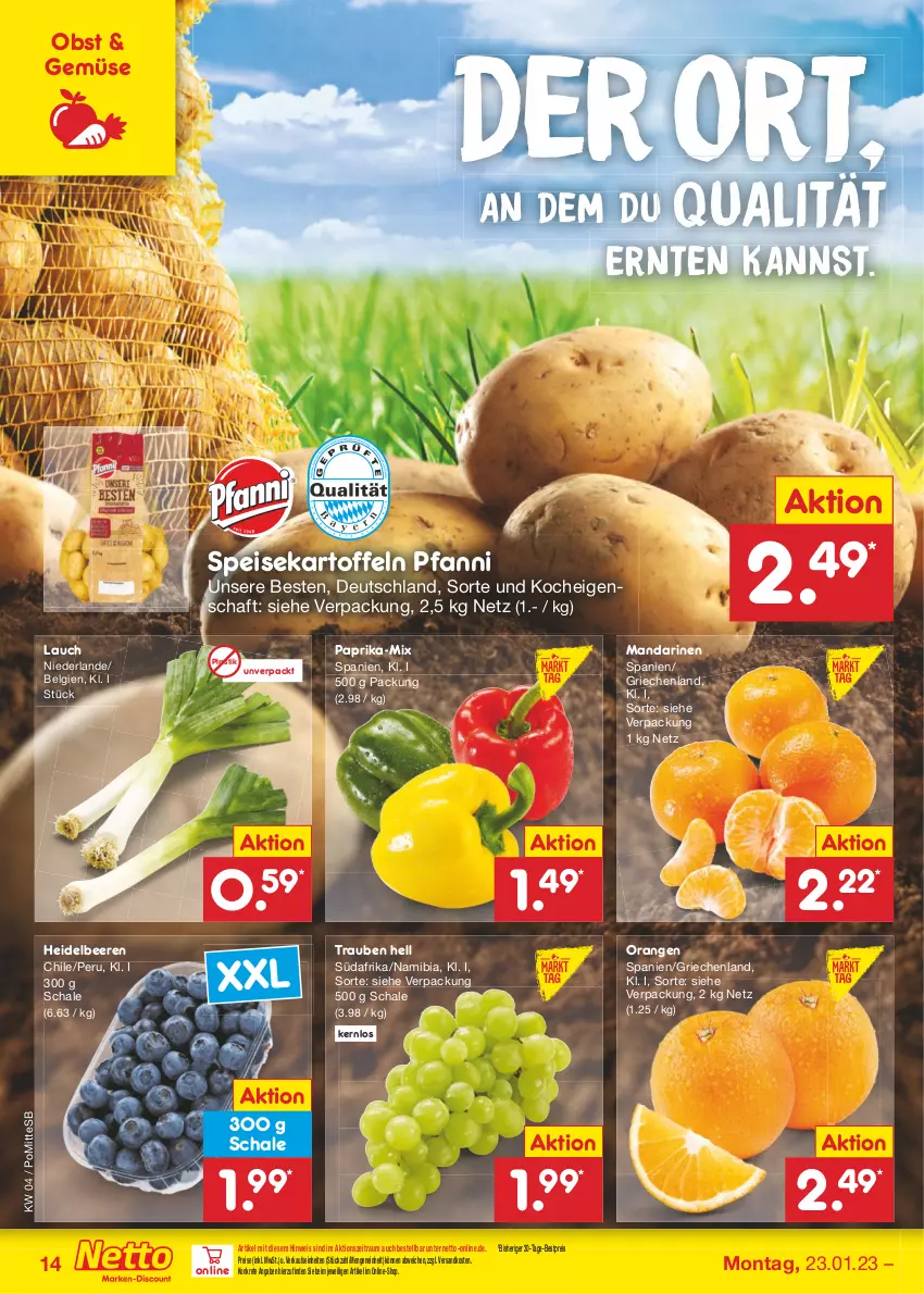 Aktueller Prospekt Netto Marken-Discount - Filial-Angebote - von 23.01 bis 28.01.2023 - strona 14 - produkty: asti, beere, beeren, bestpreis, eis, heidelbeere, heidelbeeren, kartoffel, kartoffeln, LG, mandarine, mandarinen, ndk, obst, orange, orangen, paprika, pfanni, reis, Schal, Schale, speisekartoffeln, Ti, trauben