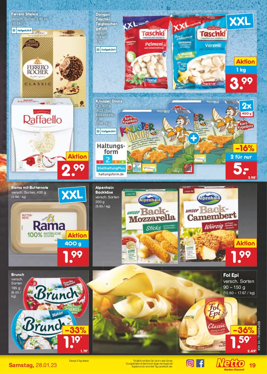 Aktueller Prospekt Netto Marken-Discount - Filial-Angebote - von 23.01 bis 28.01.2023 - strona 19 - produkty: Alpenhain, angebot, bestpreis, butter, dovgan, eis, ferrero, fol epi, Käse, rama, reis, stieleis, Tasche, taschen, taschki, Ti, ZTE