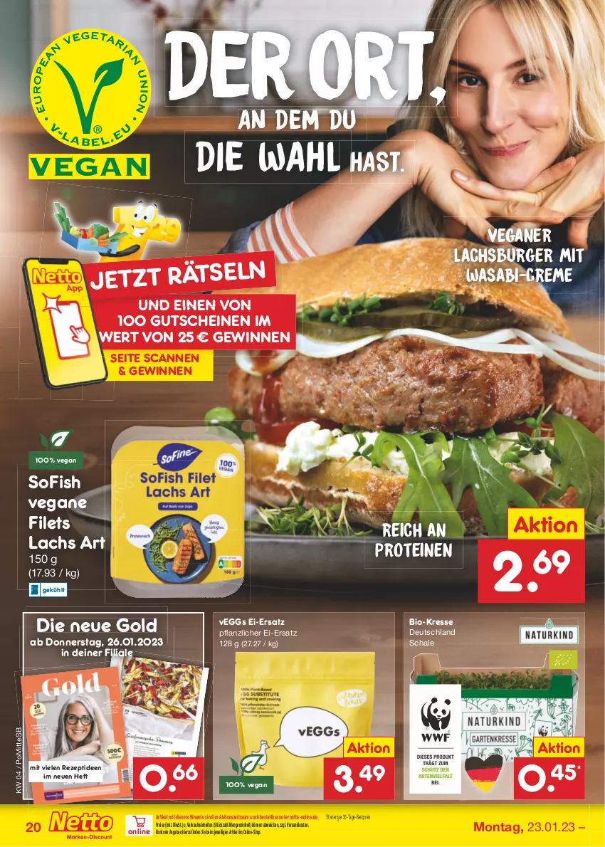 Aktueller Prospekt Netto Marken-Discount - Filial-Angebote - von 23.01 bis 28.01.2023 - strona 20 - produkty: bestpreis, bio, burger, creme, eis, filet, filets, gutschein, gutscheine, lachs, magazin, ndk, reis, rezept, Schal, Schale, Ti, wasa