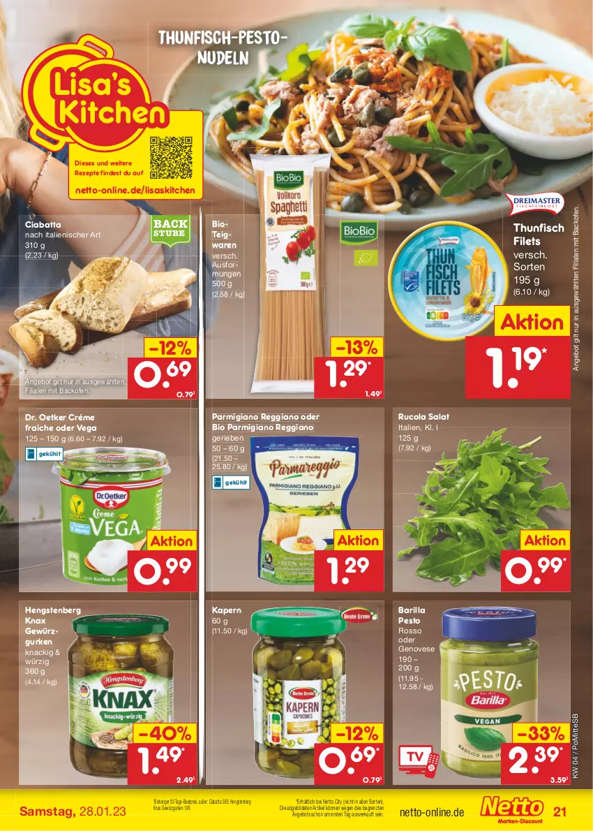 Aktueller Prospekt Netto Marken-Discount - Filial-Angebote - von 23.01 bis 28.01.2023 - strona 21 - produkty: angebot, backofen, barilla, bestpreis, bio, ciabatta, cola, Dr. Oetker, eis, filet, filets, fisch, genovese, gewürz, Gewürzgurke, gewürzgurken, gurke, gurken, hengstenberg, nudel, nudeln, Ofen, parmigiano, parmigiano reggiano, pesto, reggiano, reis, rezept, rezepte, rucola, salat, stube, teigwaren, thunfisch, thunfisch filets, Ti, ZTE