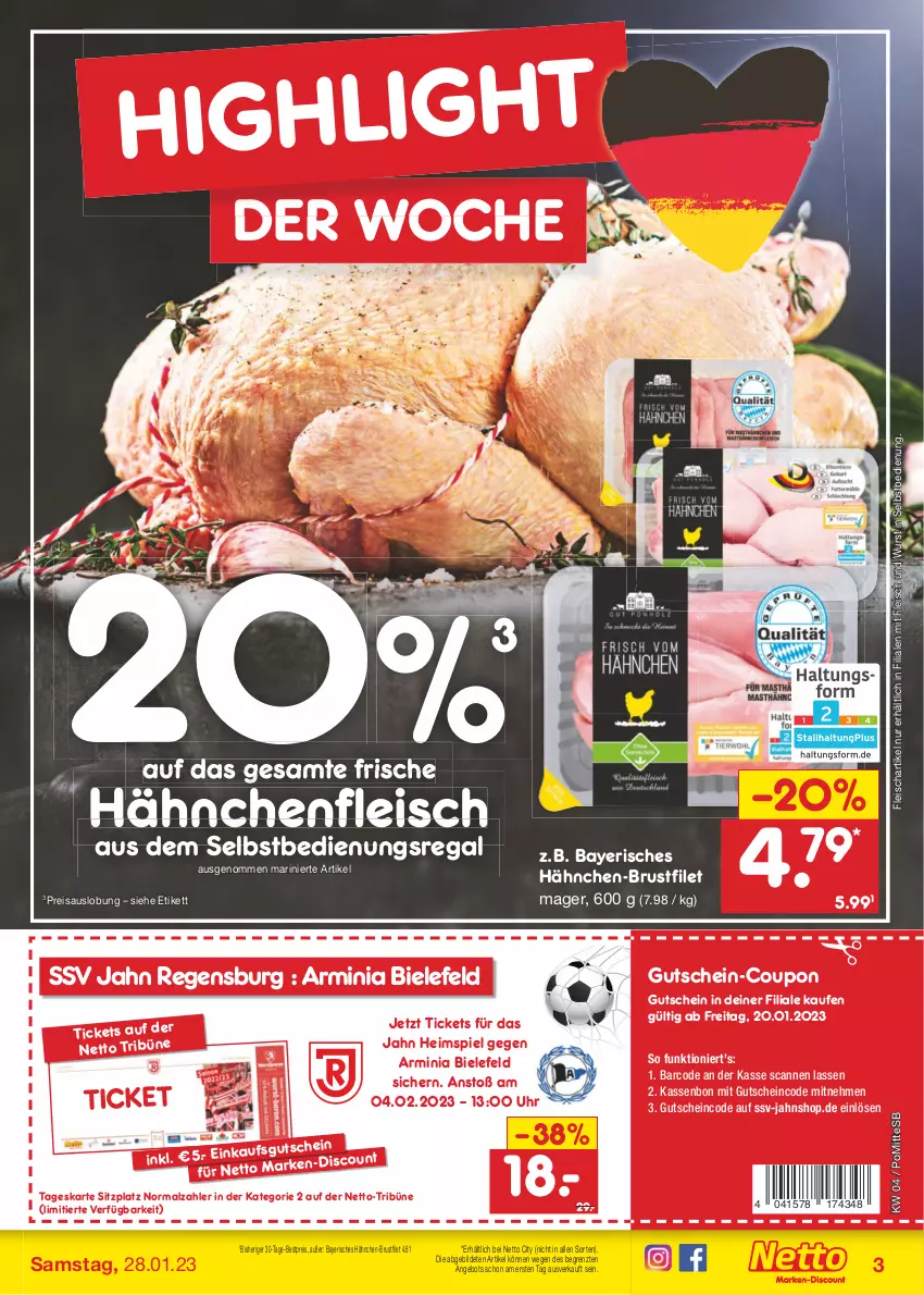 Aktueller Prospekt Netto Marken-Discount - Filial-Angebote - von 23.01 bis 28.01.2023 - strona 3 - produkty: angebot, bestpreis, brustfilet, coupon, discount, eis, filet, fleisch, gutschein, hähnchen-brustfilet, Hähnchenfleisch, malz, marken-discount, regal, reis, Ti, uhr, wurst, wurst in selbstbedienung, ZTE