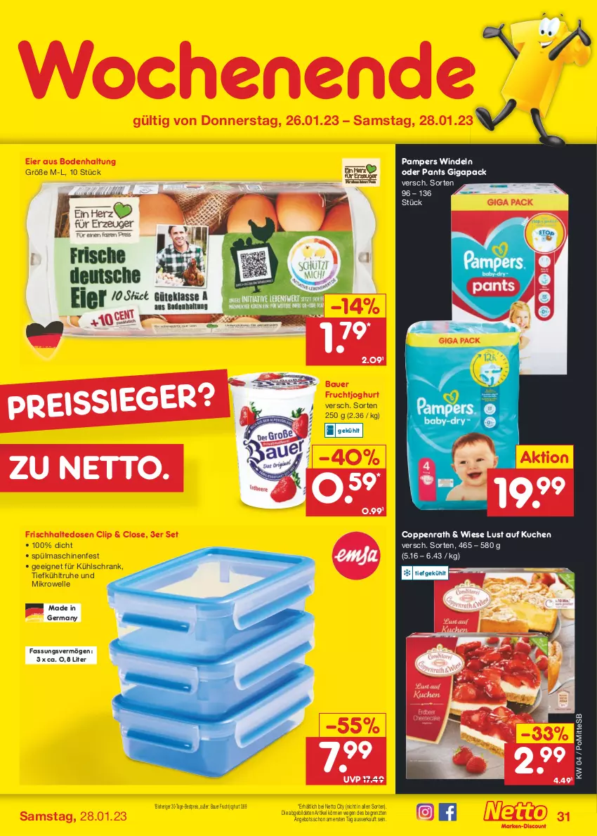 Aktueller Prospekt Netto Marken-Discount - Filial-Angebote - von 23.01 bis 28.01.2023 - strona 31 - produkty: angebot, auer, Bau, Bauer, bestpreis, coppenrath, eier, eis, elle, frischhaltedosen, frucht, fruchtjoghurt, Germ, joghur, joghurt, kuchen, kühlschrank, Lust auf Kuchen, mikrowelle, pampers, Pants, reis, reiss, Schrank, spülmaschinen, Ti, windeln, windeln oder pants, ZTE