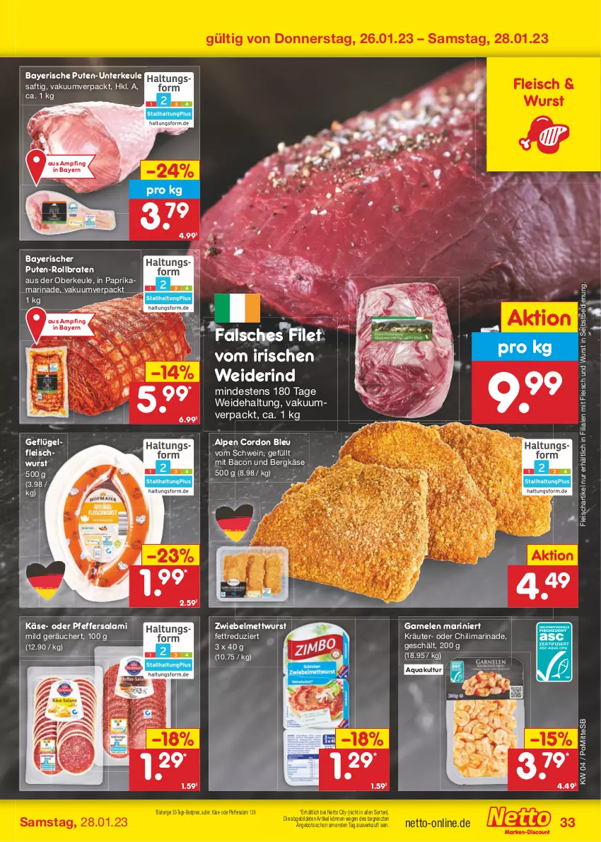 Aktueller Prospekt Netto Marken-Discount - Filial-Angebote - von 23.01 bis 28.01.2023 - strona 33 - produkty: angebot, aqua, bacon, Bergkäse, bestpreis, braten, chili, cordon bleu, eis, Falsches Filet, filet, fleisch, fleischwurst, garnelen, Geflügel, Käse, kräuter, marinade, Mett, mettwurst, paprika, pfeffer, pute, reis, rind, rollbraten, saft, salami, schwein, Ti, wein, wurst, wurst in selbstbedienung, ZTE, zwiebel, zwiebelmettwurst