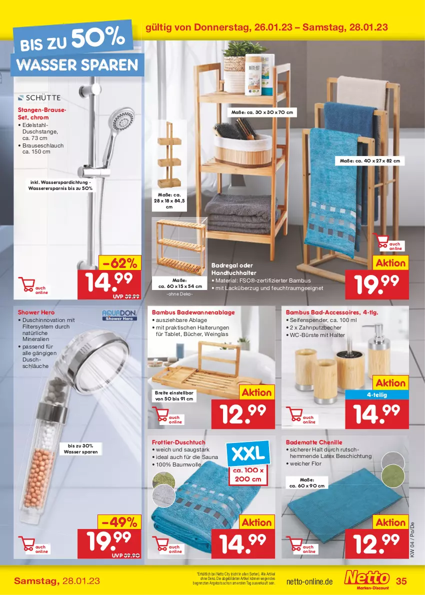 Aktueller Prospekt Netto Marken-Discount - Filial-Angebote - von 23.01 bis 28.01.2023 - strona 35 - produkty: ACC, accessoires, angebot, Bad, badematte, Badewanne, Badregal, bambus, Bau, baumwolle, Becher, brause, brauseschlauch, Brei, bürste, duschtuch, edelstahl, handtuch, Handtuchhalter, hero, lack, LG, passend für alle, regal, Ria, schlauch, schläuche, Seife, seifenspender, tablet, Ti, tisch, tuc, Wanne, wasser, WC-Bürste, wein, wolle, ZTE