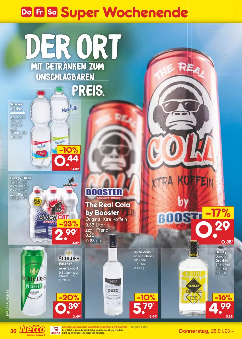 Aktueller Prospekt Netto Marken-Discount - Filial-Angebote - von 23.01 bis 28.01.2023 - strona 36 - produkty: apfel, bestpreis, cola, drink, dry gin, eis, energy drink, getränk, getränke, gin, kirsch, kirsche, london dry, london dry gin, mac, ndk, ouzo, pils, pilsener, reis, Ti, wasser