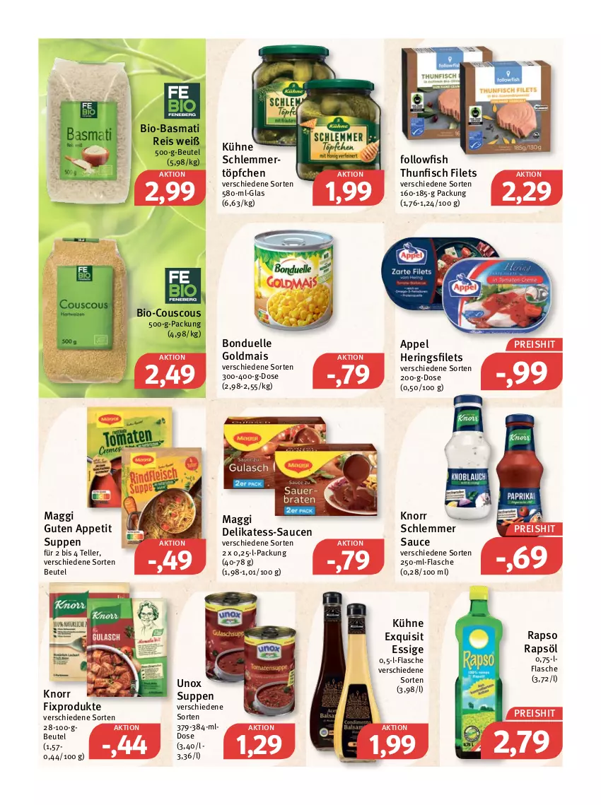 Aktueller Prospekt Feneberg - Prospekte - von 27.12 bis 31.12.2021 - strona 11 - produkty: basmati, Basmati Reis, beutel, bio, bonduelle, bonduelle goldmais, couscous, eis, elle, essig, filet, filets, fisch, flasche, followfish, Goldmais, hering, Herings, heringsfilets, knorr, knorr fix, Kühne, maggi, mais, rapso, rapsöl, reis, ring, sauce, saucen, schlemmertöpfchen, suppe, suppen, teller, thunfisch, thunfisch filets, Ti, Töpfchen