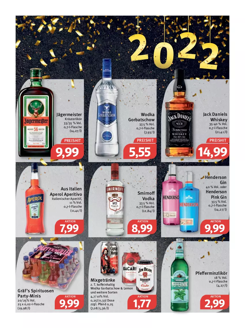 Aktueller Prospekt Feneberg - Prospekte - von 27.12 bis 31.12.2021 - strona 20 - produkty: aperitif, aperol, eis, enders, flasche, Germ, getränk, getränke, gin, Gorbatschow, jack daniel, jack daniels, jägermeister, kräuter, kräuterlikör, likör, Meister, Mixgetränk, pfeffer, pfefferminzlikör, reis, smirnoff, spirituosen, Ti, vodka, whiskey, wodka