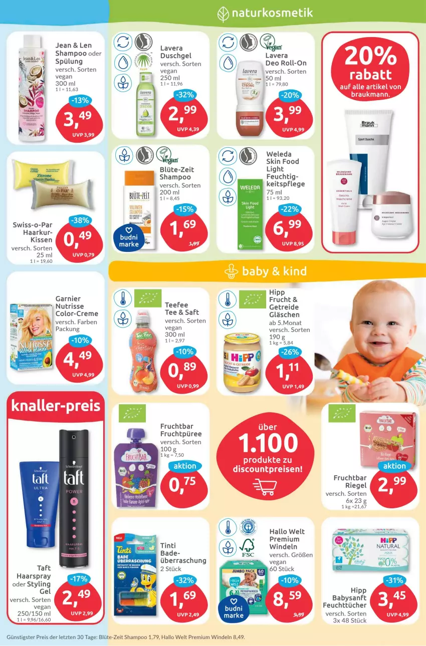 Aktueller Prospekt Budni - Prospekte - von 13.03 bis 18.03.2023 - strona 3 - produkty: asti, Bad, Blüte, creme, deo, deo roll-on, discount, duschgel, eis, feuchttücher, frucht, garnier, haarspray, hipp, kissen, lavera, püree, reis, Ria, riegel, roll-on, saft, shampoo, Styling Gel, Swiss-o-Par, Taft, tee, Ti, tücher, weleda, windeln, ZTE