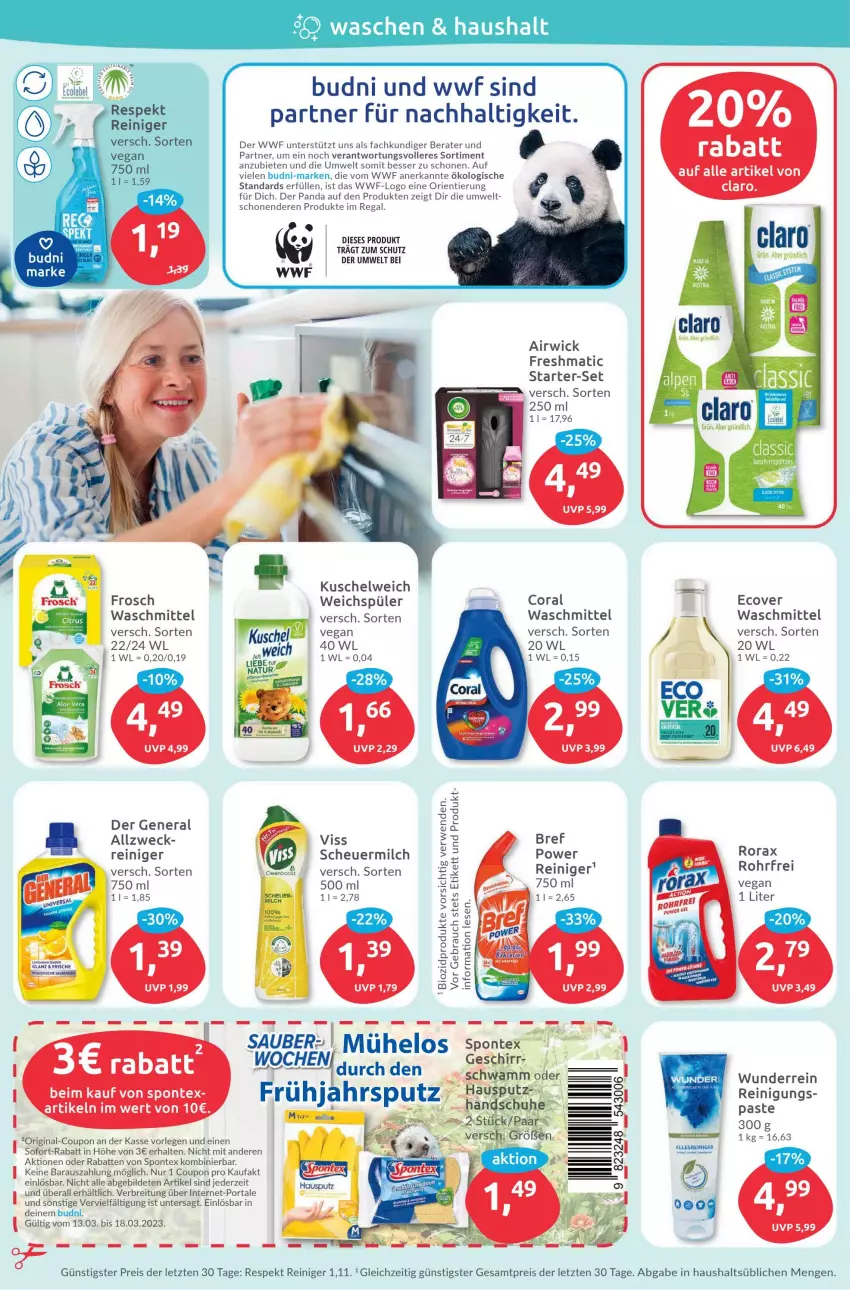 Aktueller Prospekt Budni - Prospekte - von 13.03 bis 18.03.2023 - strona 4 - produkty: airwick, Bref, Brei, Coral, coupon, eis, Frosch, gin, Heu, Kuschelweich, milch, regal, reiniger, Reinigung, reis, rorax, scheuermilch, schuhe, sofort-rabatt, spontex, Ti, waschmittel, weck, weichspüler, WICK, ZTE