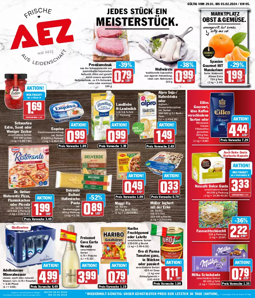 Aktueller Prospekt Aez - Prospekte - von 29.01 bis 03.02.2024 - strona 1 - produkty: adelholzener, aktionspreis, alpro, Alwa, Becher, beutel, buitoni, Cava, cola, dessert, dolce gusto, Dr. Oetker, drink, drinks, eilles gourmet, eis, elle, erde, exquisa, exquisa frischkäse, filterkaffee, flammkuchen, flasche, freixenet, frischkäse, frischkäsezubereitung, frucht, fruchtgummi, glasflasche, hafer, Haferdrink, haribo, Holz, italienische pasta, joghur, joghurt, joghurt mit der ecke, kaffee, Käse, kuchen, Lakritz, lamm, landliebe, landmilch, maggi, maggi fix, mandarine, mandarinen, Meister, milch, milka, milka schokolade, mineralwasser, Mineralwasser Classic, mövenpick, Müller, natur, Nescafé, obst, oder lakritz, oro di parma, pasta, pizza, reis, rel, ristorante, ristorante pizza, saft, schoko, schokolade, Schwartau, schwein, schweine, soja, Spezi, starbucks, steak, Ti, tomate, tomaten, trolli, wasser, wein, weine, ZTE, zucker