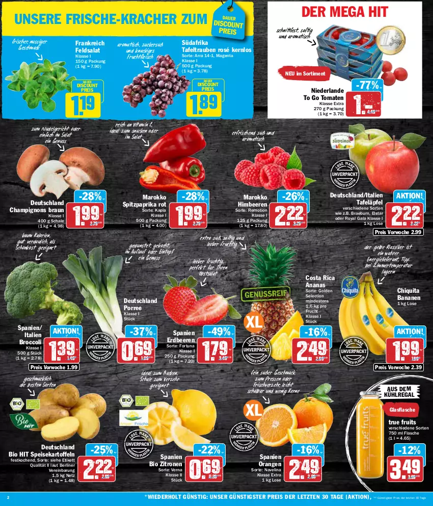 Aktueller Prospekt Aez - Prospekte - von 29.01 bis 03.02.2024 - strona 2 - produkty: ananas, auer, aus dem kühlregal, banane, bananen, beere, beeren, berliner, bio, bio hit, braun, broccoli, champignon, champignons, champignons braun, chiquita, discount, eintopf, eis, erdbeere, erdbeeren, feldsalat, flasche, fleisch, frucht, fruchtfleisch, glasflasche, himbeer, himbeere, himbeeren, kartoffel, kartoffeln, kracher, kühlregal, LG, mac, navelina, nudel, Nudelgericht, nuss, obst, orange, orangen, paprika, paprika rot, regal, reis, saft, salat, Schal, Schale, snack, speisekartoffeln, Spitzpaprika, tafeläpfel, tafeltrauben, Ti, tisch, tomate, tomaten, topf, trauben, true fruits, vita, Vitamin C, zitrone, zitronen, ZTE, zucker