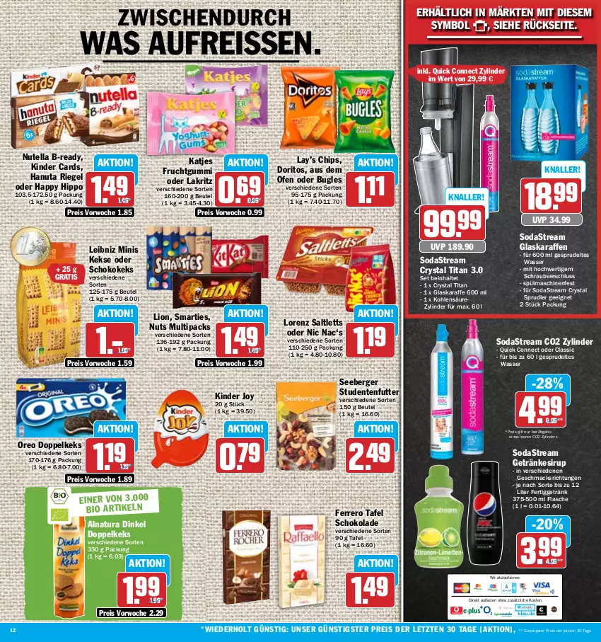 Aktueller Prospekt Hit - Prospekte - von 03.07 bis 08.07.2023 - strona 12 - produkty: Berger, beutel, bio, bugles, chips, Doritos, eis, ente, ferrero, flasche, frucht, fruchtgummi, getränk, getränke, getränkesirup, glaskaraffe, hanuta, hipp, Karaffe, katjes, keks, kekse, Kinder, Lakritz, leibniz, lion, lorenz, mac, natur, natura, nutella, oder lakritz, Ofen, oreo, reis, reiss, riegel, saltletts, schoko, schokolade, seeberger, sirup, smarties, Soda, sodastream, Sprudel, spülmaschinen, studentenfutter, Ti, Tiere, wasser, ZTE