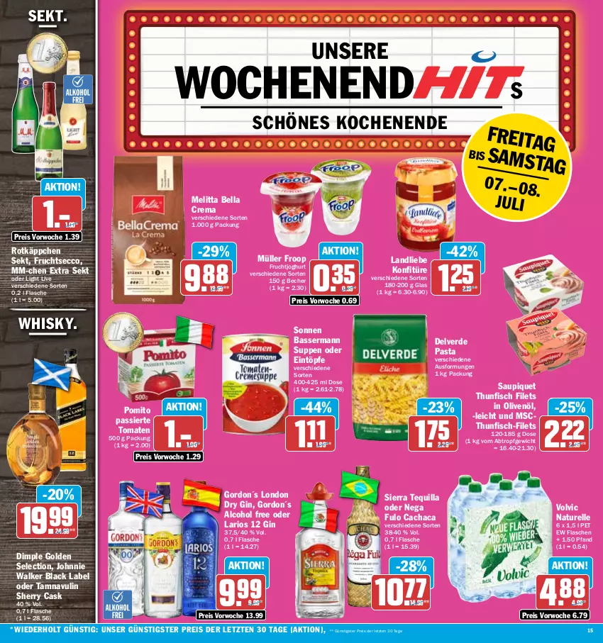 Aktueller Prospekt Hit - Prospekte - von 03.07 bis 08.07.2023 - strona 15 - produkty: Becher, bella crema, black label, Cachaca, dry gin, ecco, eintöpfe, eis, elle, erde, filet, filets, fisch, flasche, froop, frucht, fruchtjoghurt, fruchtsecco, gin, gordon, in olivenöl, joghur, joghurt, johnnie walker, konfitüre, lack, landliebe, london dry, london dry gin, melitta, Müller, müller froop, natur, olive, oliven, olivenöl, pasta, pomito, reis, rel, rotkäppchen, saupiquet, sekt, Sierra, suppe, suppen, thunfisch, thunfisch filets, Ti, tomate, tomaten, volvic, whisky, ZTE