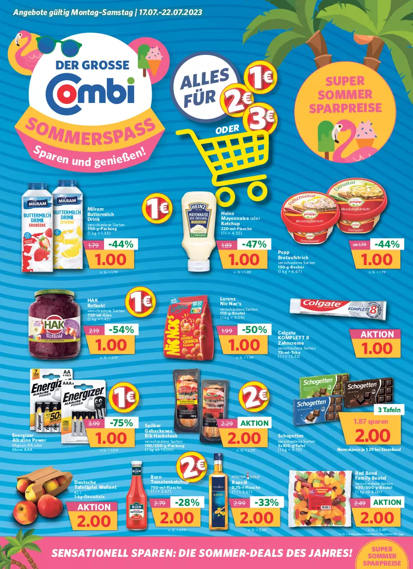 Aktueller Prospekt Combi - Prospekte - von 17.07 bis 22.07.2023 - strona 1 - produkty: angebot, angebote, aufstrich, Becher, beutel, brot, brotaufstrich, butter, buttermilch, colgate, creme, drink, eis, energizer, flasche, geback, heinz, ketchup, LG, lorenz, mayonnaise, milch, milram, Popp, rapsöl, reis, rotkohl, Schal, Schale, schogetten, steak, tafeläpfel, Ti, tomate, tomaten, tomatenketchup, Wella, Yo, zahncreme, ZTE