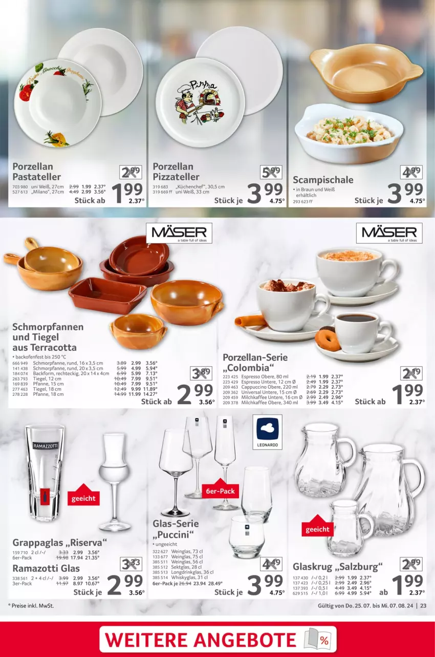 Aktueller Prospekt Selgros - Gastronomie - von 25.07 bis 07.08.2024 - strona 23 - produkty: angebot, angebote, backofen, braun, Cap, cappuccino, cin, drink, eis, elle, espresso, grappa, kaffee, küche, Küchen, leonardo, milch, Ofen, pasta, pfanne, pfannen, pizza, rama, reis, riserva, salz, Schal, Schale, schmorpfanne, sekt, teller, Ti, wein, whisky, Whiskyglas, zott