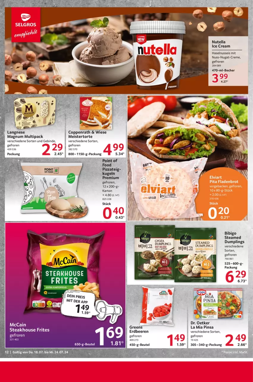 Aktueller Prospekt Selgros - Food - von 18.07 bis 24.07.2024 - strona 12 - produkty: Becher, beere, beeren, beutel, coppenrath, creme, eis, erdbeere, erdbeeren, haselnuss, langnese, magnum, Meister, nuss, nuss-nugat-creme, nutella, pizza, Pizzateig, steak, Ti, torte