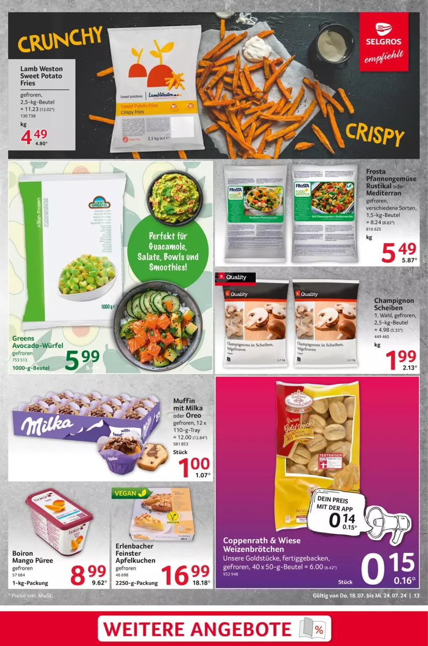 Aktueller Prospekt Selgros - Food - von 18.07 bis 24.07.2024 - strona 13 - produkty: apfel, Apfelkuchen, avocado, beutel, geback, Goldstücke, guacamole, kuchen, mango, milka, Muffin, oreo, püree, smoothie, smoothies, Ti, Weste