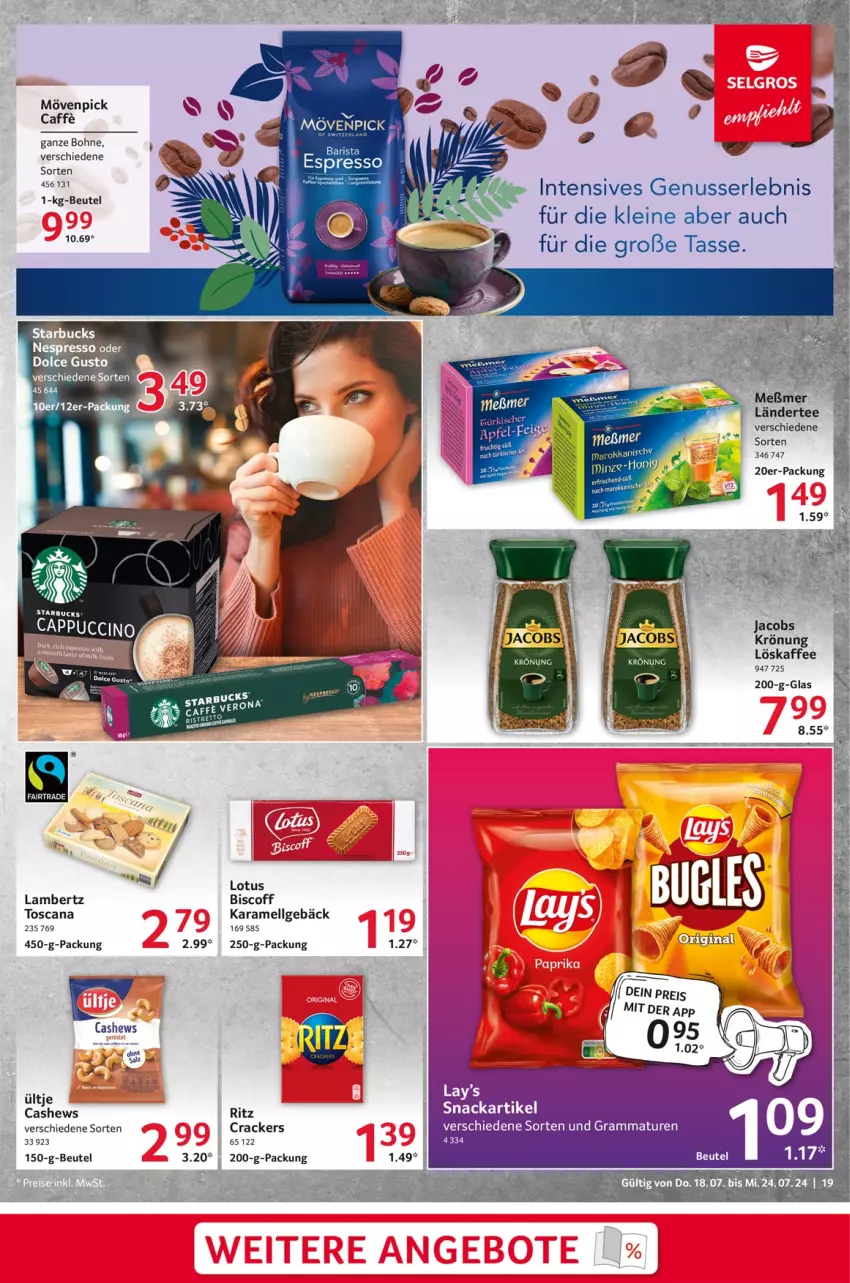 Aktueller Prospekt Selgros - Food - von 18.07 bis 24.07.2024 - strona 19 - produkty: ACC, Amber, beutel, biscoff, bohne, caffe, Cashew, cracker, dolce gusto, espresso, jacobs, kaffee, karamell, lambertz, Ländertee, leine, LG, Meßmer, mövenpick, nuss, snack, starbucks, tasse, tee, Ti, ültje