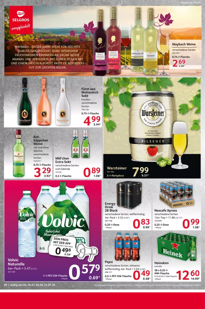 Aktueller Prospekt Selgros - Food - von 18.07 bis 24.07.2024 - strona 20 - produkty: alkohol, ananas, aprikose, aprikosen, drink, eis, elle, energy drink, flasche, frucht, fürst von metternich, lack, maybach, Mett, metternich, mw-flasche, natur, nescafe, pepsi, rel, sekt, Ti, wasser, wein, weine