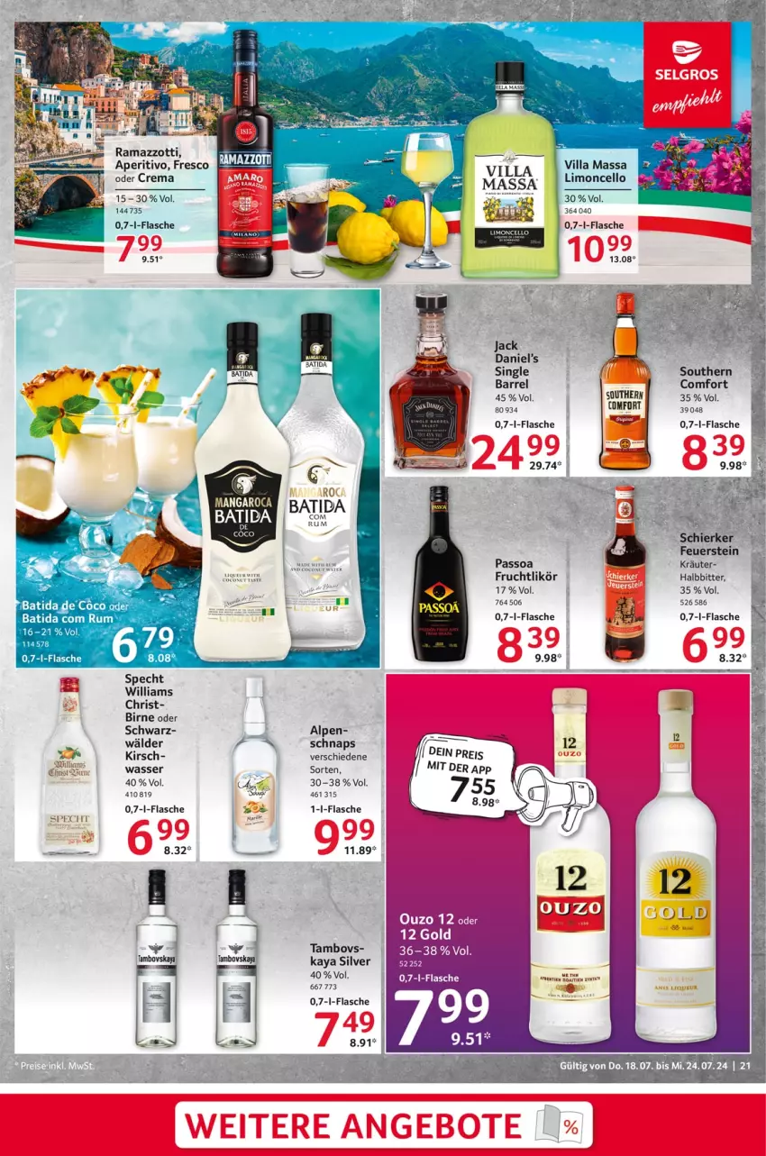 Aktueller Prospekt Selgros - Food - von 18.07 bis 24.07.2024 - strona 21 - produkty: batida, flasche, frucht, jack daniel, Jack Daniel’s, kirsch, kräuter, likör, limo, passo, rama, ramazzott, ramazzotti, rel, rum, specht, Ti, wasser, zott