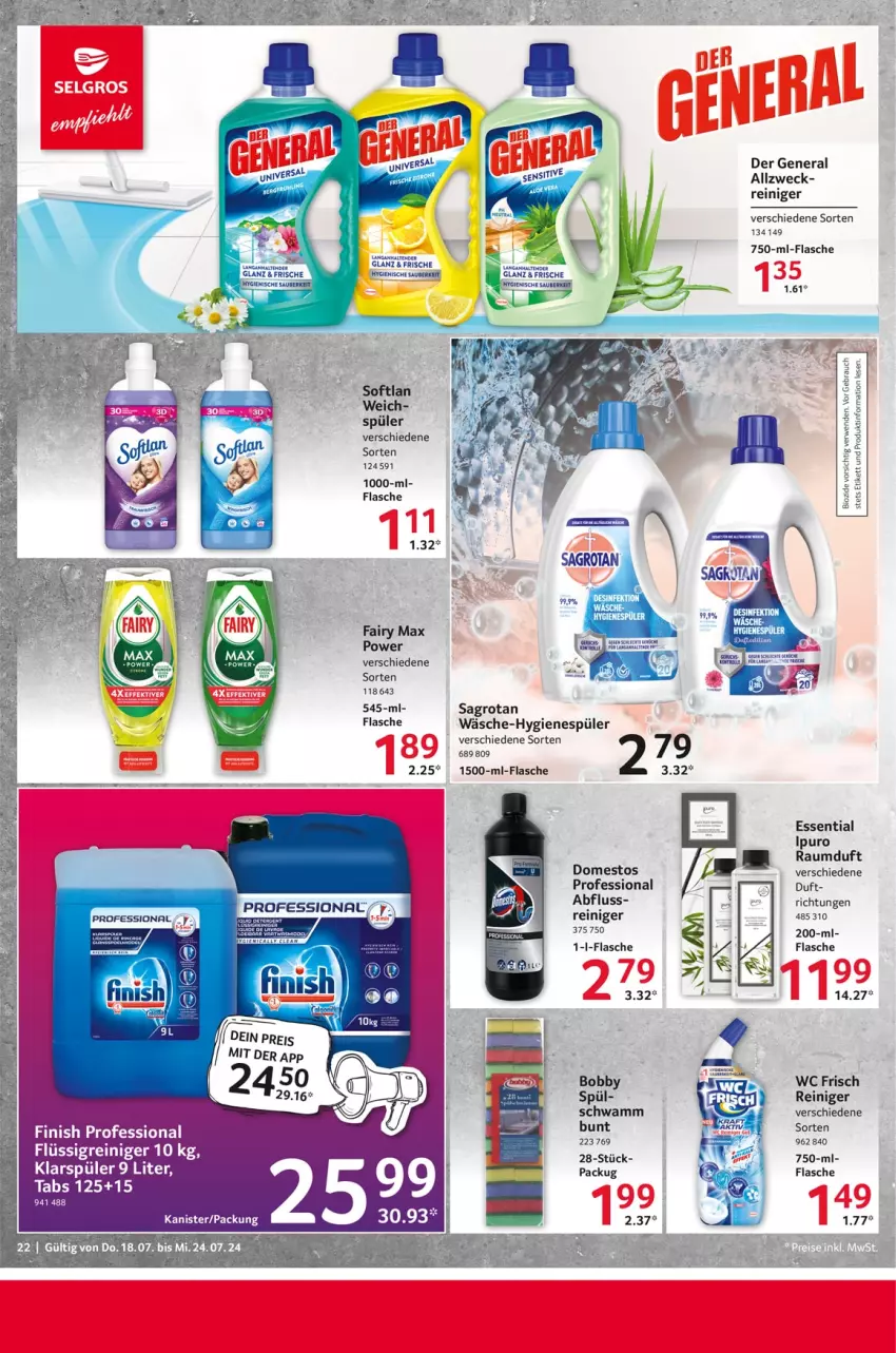 Aktueller Prospekt Selgros - Food - von 18.07 bis 24.07.2024 - strona 22 - produkty: bio, domestos, fairy, Finish, flasche, hygienespüler, Ipuro, klarspüler, Lasea, Raumduft, reiniger, sagrotan, schwamm, Softlan, tender, Ti, wc frisch, weck