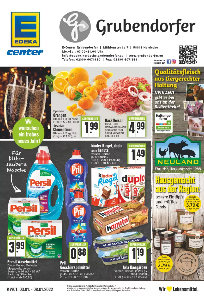 Aktueller Prospekt E Center - Angebote der Woche - von 03.01 bis 08.01.2022 - strona 1 - produkty: arla, Becher, clementinen, decke, deka, duplo, eintöpfe, eis, elle, ente, erde, flasche, fleisch, geschirr, geschirrspülmittel, hackfleisch, hanuta, Kinder, kinder riegel, megaperls, orange, orangen, persil, persil waschmittel, reis, riegel, rind, rwe, schwein, schweine, schweinefleisch, spülmittel, telefon, teller, Ti, uhr, universal pulver, waschmittel, wein, weine