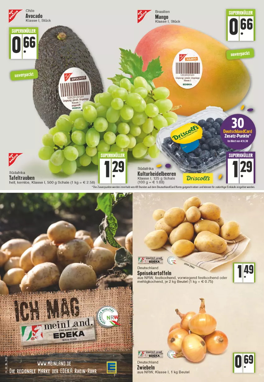 Aktueller Prospekt E Center - Angebote der Woche - von 03.01 bis 08.01.2022 - strona 2 - produkty: avocado, beere, beeren, beutel, deka, deutschlandcard, eis, erde, heidelbeere, heidelbeeren, kartoffel, kartoffeln, mango, mehl, Schal, Schale, speisekartoffeln, tafeltrauben, Ti, trauben, zwiebel, zwiebeln