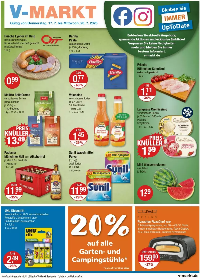 Aktueller Prospekt Vmarkt - Prospekte - von 17.07 bis 23.07.2025 - strona 1 - produkty: alkohol, angebot, angebote, barilla, bellacrema, bohne, bohnen, bourbon, decke, elle, flasche, LG, mac, melitta, pasta, Paula, paulaner, salat, sunil, Ti, uhu, valensina, vanille, waschmittel, wurst