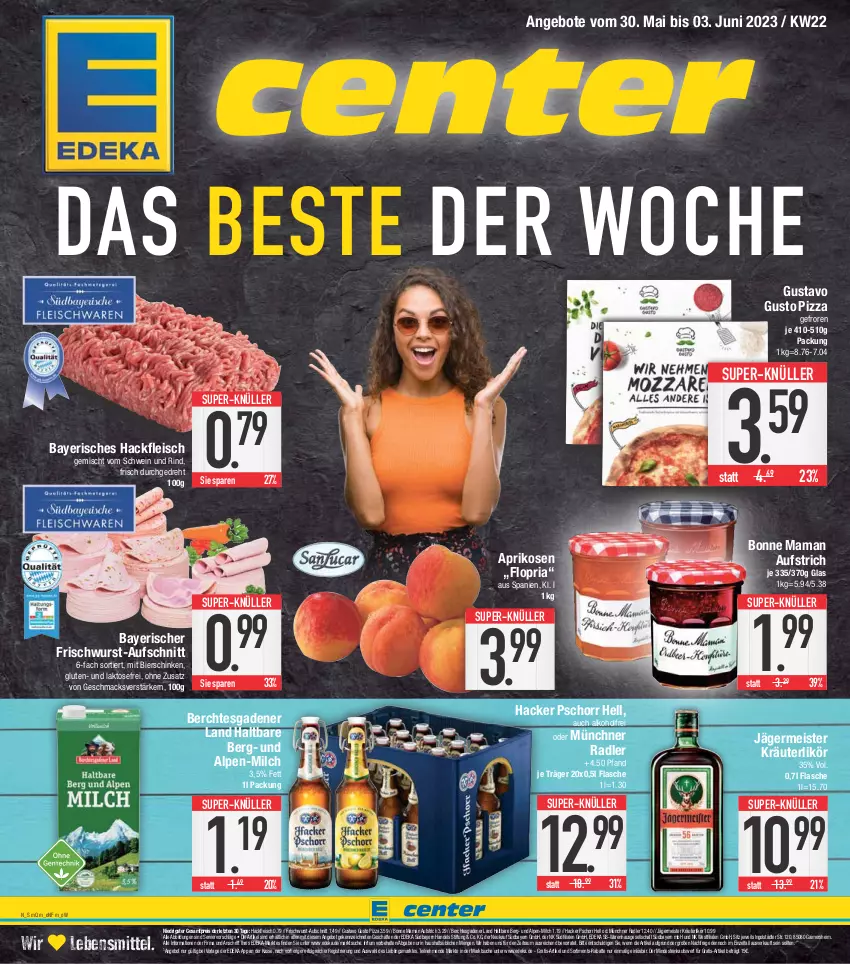 Aktueller Prospekt E Center - Angebote der Woche - von 29.05 bis 03.06.2023 - strona 1 - produkty: alkohol, angebot, angebote, aprikose, aprikosen, aufschnitt, aufstrich, bier, bierschinken, bonne maman, deka, eis, flasche, fleisch, frischwurst-aufschnitt, Germ, hacker pschorr, hackfleisch, hackfleisch gemischt, jägermeister, kräuter, kräuterlikör, lebensmittel, LG, likör, mac, mam, Meister, milch, pizza, radler, reis, Ria, rind, schinken, schwein, schwein und rind, super-knüller, Ti, vom schwein und rind, wein, wurst, ZTE