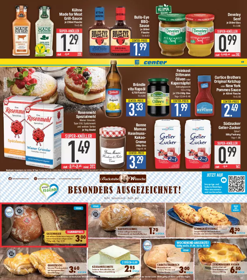 Aktueller Prospekt E Center - Angebote der Woche - von 29.05 bis 03.06.2023 - strona 13 - produkty: angebot, angebote, auer, beutel, bonne maman, brot, brother, chips, ciabatta, creme, develey, dittmann, eier, eis, ente, feinkost, flasche, gewürz, gin, gouda, grill, haselnuss, kakao, kartoffel, Käse, ketchup, kuchen, Kühne, Laugenstange, mac, mam, mehl, natur, nuss, olive, oliven, Plunder, pommes, quark, rapsöl, reis, rosen, Rosenmehl, rum, saft, sahne, sauce, schinken, Semmel, senf, snack, Spätzlemehl, Spezi, stube, südzucker, super-knüller, Tasche, Ti, vita, Weizenbrot, weizenmehl, wiener, Yo, zitrone, zitronen, ZTE, zucker