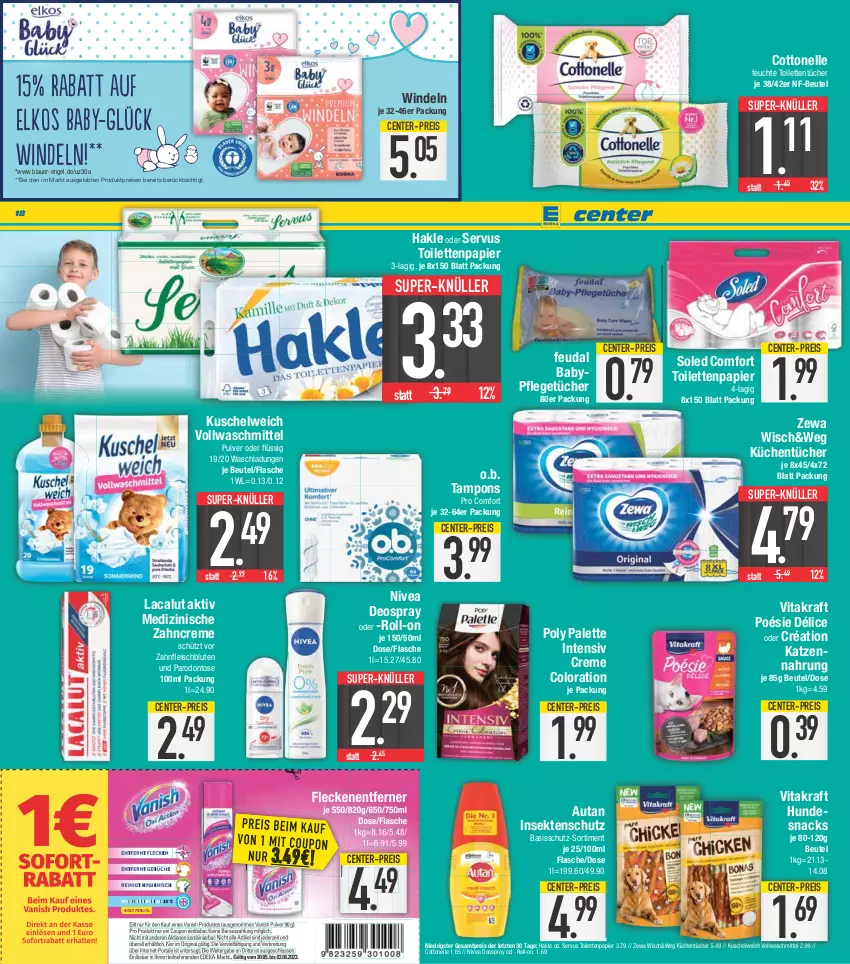 Aktueller Prospekt E Center - Angebote der Woche - von 29.05 bis 03.06.2023 - strona 18 - produkty: auer, Autan, beutel, Brei, cottonelle, coupon, creme, deka, deo, deospray, eis, elkos, elle, Engel, ente, flasche, Fleckenentferner, fleisch, gin, hakle, hundesnack, hundesnacks, insektenschutz, katzennahrung, kraft, küche, Küchen, küchentücher, Kuschelweich, Lacalut, nivea, O.b., Palette, papier, reis, roll-on, sekt, snack, snacks, sofortrabatt, super-knüller, Tampon, tampons, Ti, toilettenpapier, toilettentücher, tücher, vanish, vita, vitakraft, vollwaschmittel, waschmittel, windeln, zahncreme, zewa, ZTE