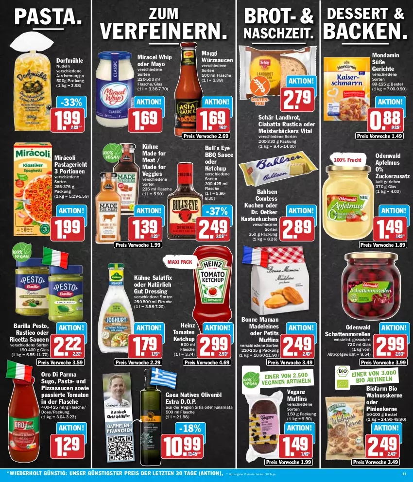 Aktueller Prospekt Hit - Wochenprospekt - von 12.02 bis 17.02.2024 - strona 11 - produkty: apfel, apfelmus, bahlsen, barilla, beutel, bio, bonne maman, brot, ciabatta, comtess, comtess kuchen, dessert, Dr. Oetker, dressing, eis, elle, flasche, frucht, garnelen, heinz, Kastenkuchen, ketchup, kuchen, Kühne, leine, maggi, mam, Meister, miracel, miracel whip, Mirácoli, mondamin, morellen, Muffin, muffins, natives olivenöl, nudel, nudeln, nuss, odenwald, olive, oliven, olivenöl, olivenöl extra, oro di parma, pasta, Pastagericht, pesto, pinienkerne, pizza, reis, rel, salat, sauce, saucen, schattenmorellen, Sugo, Ti, tomate, tomaten, tomaten ketchup, veggie, vita, walnuss, walnusskerne, würzsauce, würzsaucen, Yo, ZTE, zucker