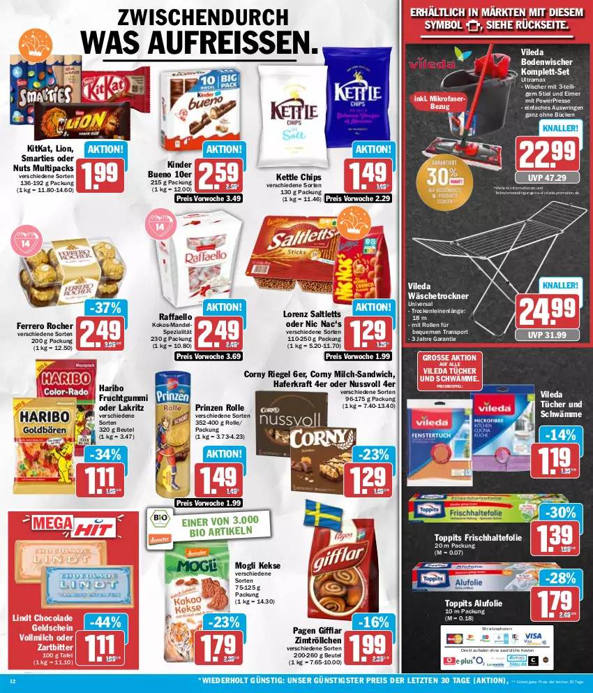 Aktueller Prospekt Hit - Wochenprospekt - von 12.02 bis 17.02.2024 - strona 12 - produkty: beutel, bio, bodenwischer, chips, cola, corny, eimer, eis, ferrero, Ferrero Rocher, frischhaltefolie, frucht, fruchtgummi, hafer, haribo, keks, kekse, Kinder, kinder bueno, kitkat, kokos, kraft, Lakritz, leine, lindt, lion, lorenz, mandel, mikrofaser, milch, nuss, oder lakritz, prinzen rolle, raffaello, rama, reis, reiss, riegel, ring, saltletts, sandwich, smarties, Spezi, Sport, Ti, Tiere, toppits, Trockner, tücher, vileda, vollmilch, wäschetrockner, ZTE