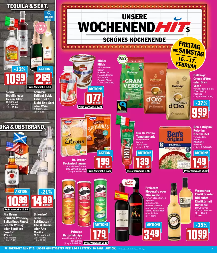 Aktueller Prospekt Hit - Wochenprospekt - von 12.02 bis 17.02.2024 - strona 15 - produkty: backmischung, Backmischungen, ball, Becher, beere, beutel, bourbon, bourbon whiskey, brillant sekt, chips, dallmayr, Dr. Oetker, eier, eierlikör, eis, ente, erde, flasche, freixenet, gin, himbeer, himbeere, jim beam, kartoffel, kartoffelchips, kochbeutel, likör, milch, Müller, obst, Obstbrand, oro di parma, pringles, reis, ring, scotch, scotch whisky, sekt, Sierra, söhnlein, söhnlein brillant, Southern Comfort, spirituosen, tequila, Ti, tomate, tomaten, tomatenmark, verpoorten, wein, weine, whiskey, whisky, ZTE