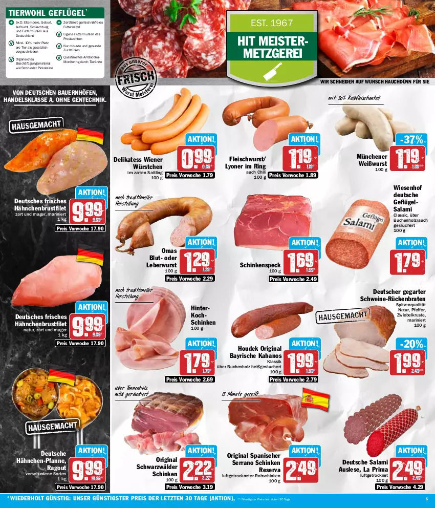 Aktueller Prospekt Hit - Wochenprospekt - von 12.02 bis 17.02.2024 - strona 5 - produkty: auer, Bau, Bauer, bio, braten, brustfilet, buch, chili, eis, elle, ente, filet, fleisch, fleischwurst, Geflügel, gin, hähnchenbrust, hähnchenbrustfilet, hinterkochschinken, Holz, houdek, HP, im zarten saitling, kabanos, Kalbfleisch, kochschinken, leberwurst, lyoner, Meister, monitor, natur, nuss, pfanne, pfeffer, Ragout, Rauch, reis, Ria, ring, rohschinken, Rückenbraten, salami, schinken, schinkenspeck, schwarzwälder schinken, schwein, schweine, serrano, serrano schinken, Speck, spitzenqualität, Ti, Tiere, wein, weine, Weißwurst, wiener, wiener würstchen, wiesenhof, wurst, würstchen, Yo, ZTE, zwiebel