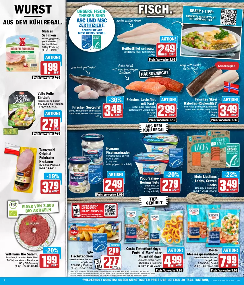 Aktueller Prospekt Hit - Wochenprospekt - von 12.02 bis 17.02.2024 - strona 6 - produkty: aqua, auer, aus dem kühlregal, Becher, beutel, bio, braten, butter, ciabatta, coupon, coupons, eintöpfe, eis, elle, filet, filets, fisch, fische, Fischer, fischstäbchen, fischtheke, fleisch, frischfisch, frutti di mare, gin, Graved Lachs, grill, Heilbuttfilet, hering, Herings, heringsfilets, homann, ideal zum braten, ideal zum grillen, iglo, kochschinken, kotelett, krakauer, kühlregal, lachs, lachsfilet, mac, marinade, mühlen schinken, natur, Ofen, pfanne, Popp, regal, reis, rind, ring, sahne, salami, Schere, schinken, Spezi, steak, teller, Ti, Tintenfischringe, tisch, Trüffel, wiltmann, wurst, ZTE