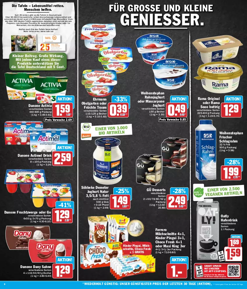 Aktueller Prospekt Hit - Wochenprospekt - von 12.02 bis 17.02.2024 - strona 8 - produkty: actimel, actimel drink, activia, Becher, bio, choco fresh, coupon, coupons, danone, danone actimel drink, danone activia, danone fruchtzwerge, Dany, dany sahne, dessert, desserts, drink, ehrmann, eis, ferrero, frucht, früchte, fruchtzwerge, Garten, gin, hafer, Haferdrink, joghur, joghurt, Kinder, kinder pingui, lebensmittel, leine, lion, mascarpone, milch, Milchschnitte, natur, obst, obstgarten, pingui, rahmjoghurt, rama, reis, sahne, schlagrahm, söbbeke, Ti, weihenstephan, ZTE