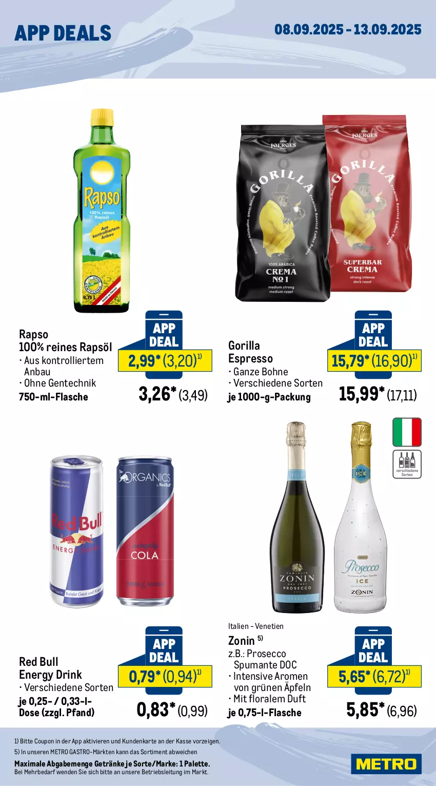 Aktueller Prospekt Metro - App Deals - von 08.09 bis 13.09.2025 - strona 2 - produkty: Bau, bohne, coupon, drink, ecco, energy drink, ente, espresso, flasche, getränk, getränke, Metro, metro gastro, Palette, prosecco, puma, rapso, rapsöl, red bull, reines rapsöl, spumante, Ti, trolli, zonin