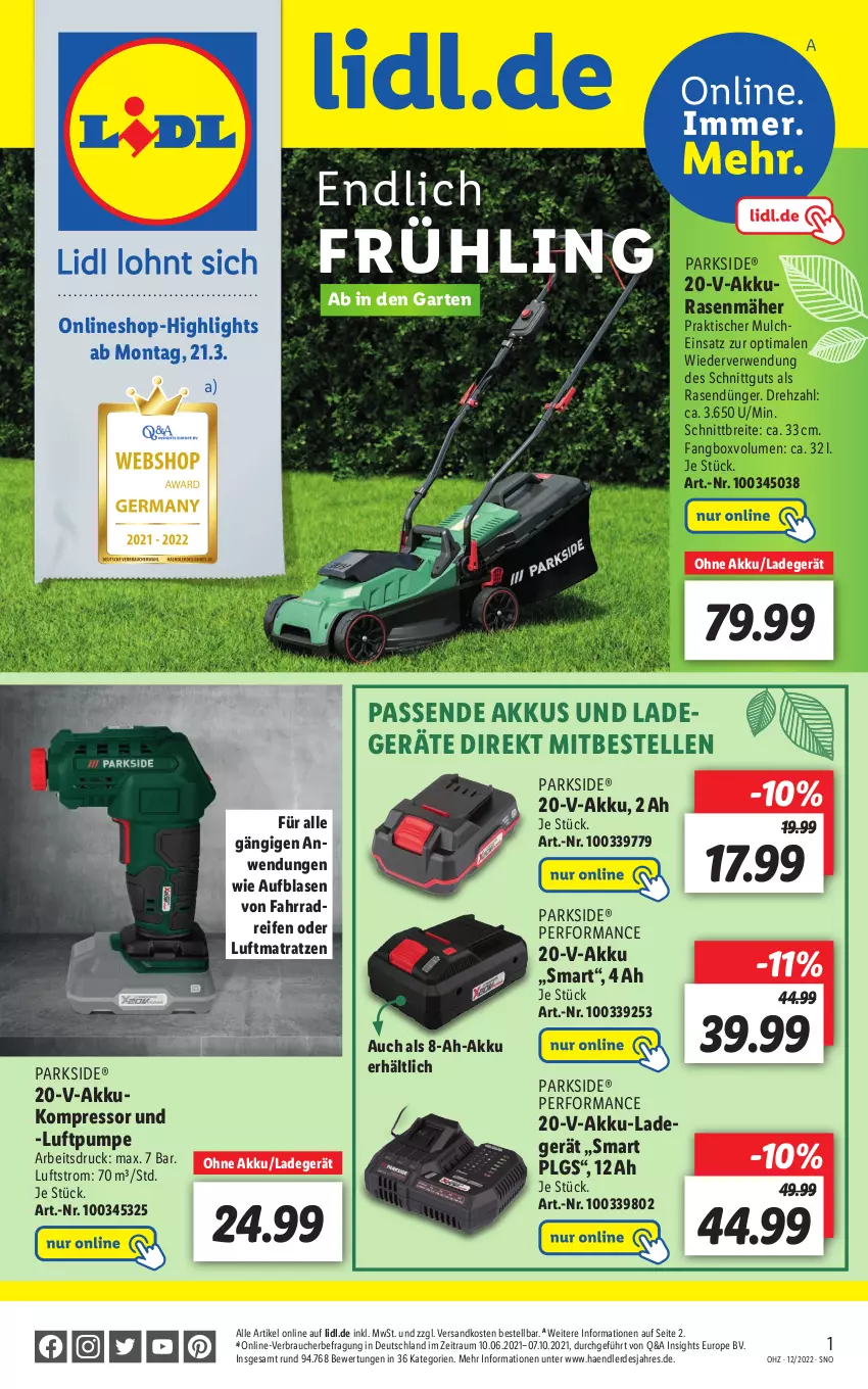 Aktueller Prospekt Lidl - Aktuelle Onlineshop-Highlights - von 21.03 bis 27.03.2022 - strona 1 - produkty: akku, Brei, dünger, elle, erde, Fahrrad, Garten, kompressor, ladegerät, LG, luftmatratze, matratze, matratzen, ndk, Parkside, rasen, rasendünger, rasenmäher, Rauch, reifen, rwe, Ti, tisch