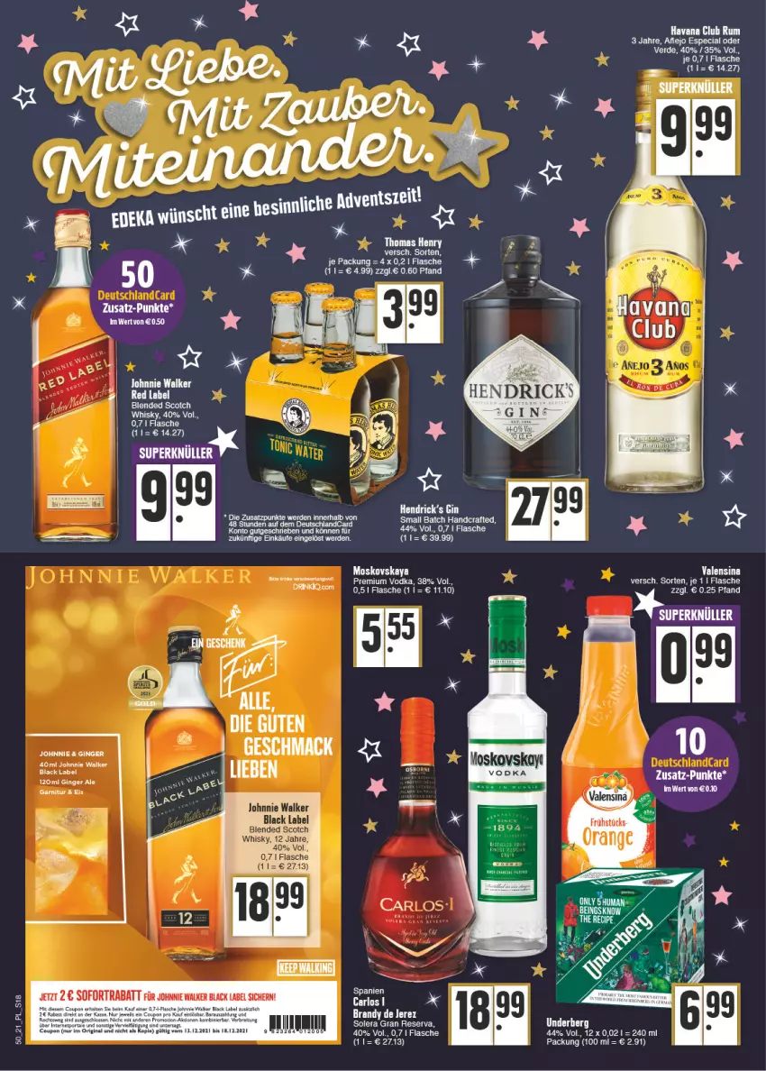 Aktueller Prospekt E Center - Angebote der Woche - von 13.12 bis 18.12.2021 - strona 18 - produkty: black label, blended scotch, blended scotch whisky, coupon, deutschlandcard, drink, eis, erde, flasche, garnitur, gin, ginger, ginger ale, Havana Club, johnnie walker, lack, moskovskaya, premium vodka, rum, scotch, scotch whisky, sofortrabatt, tee, thomas henry, Ti, valensina, vodka, whisky