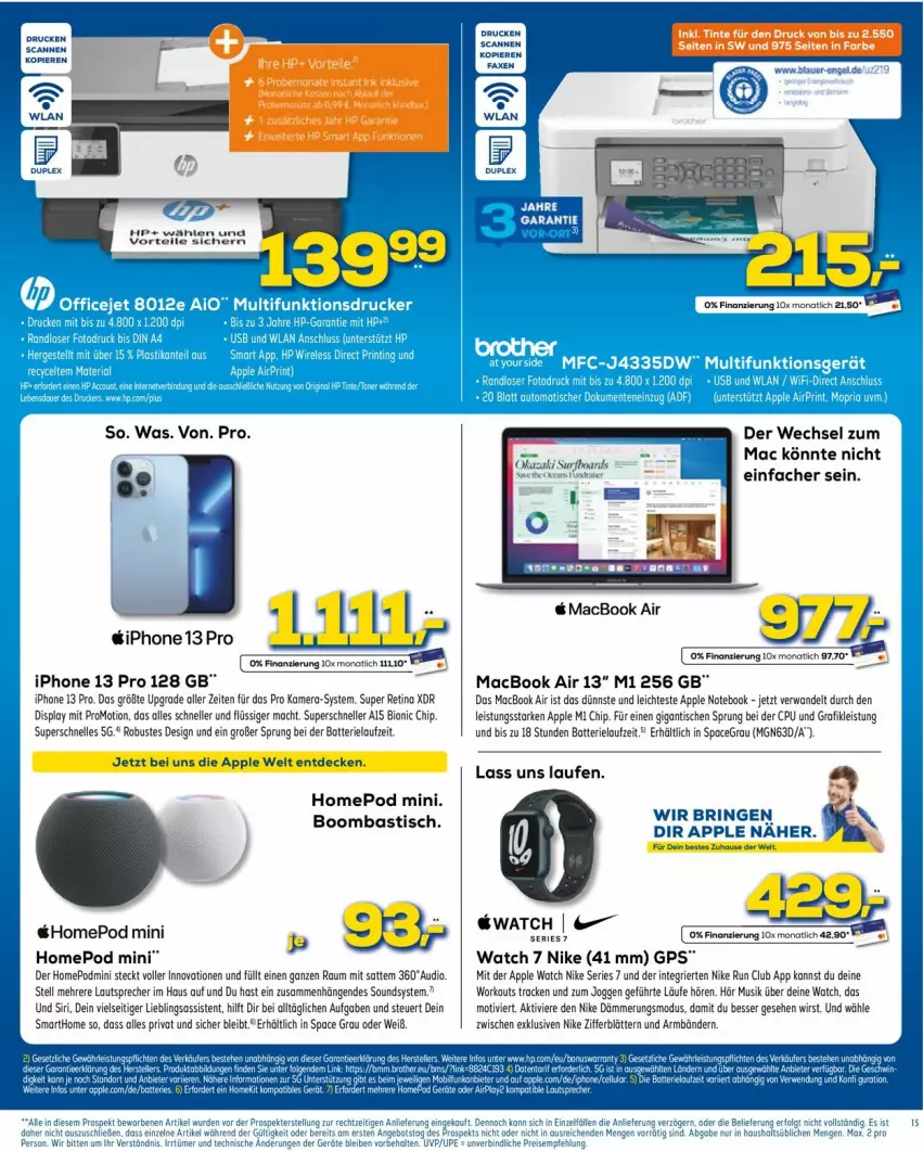 Aktueller Prospekt Euronics - Prospekte - von 02.02 bis 09.02.2022 - strona 15 - produkty: angebot, Apple, Apple Watch, asti, batterie, bio, brot, brother, deo, eis, elle, GPS, iphone, IPhone 13, Laufen, lautsprecher, mac, macbook, macbook air, monati, Nike, notebook, Omep, ring, Ti, tisch